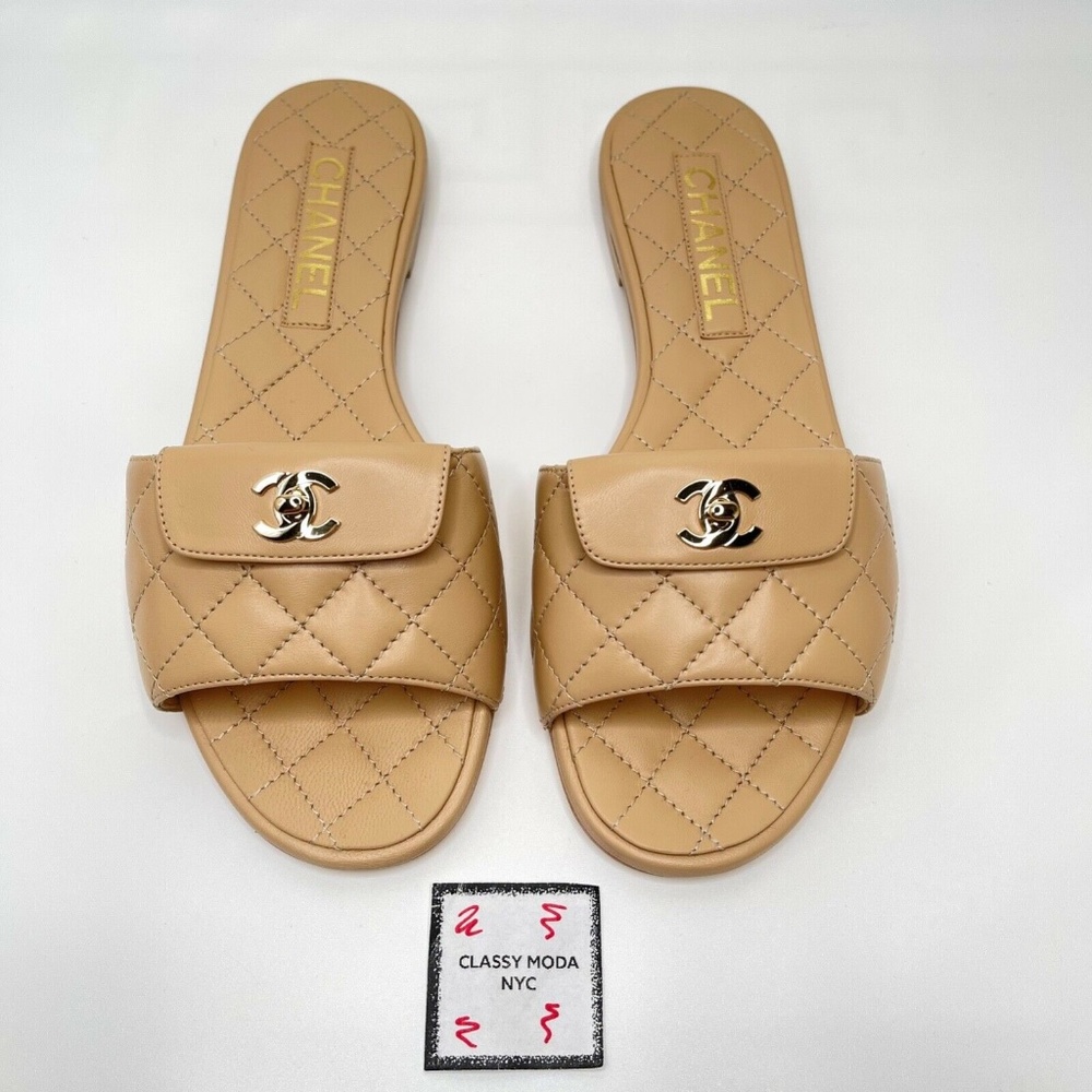 ❌❌SOLD Chanel Beige Slides Sandals Gold CC Logo Turnlock Sandal Flip Flop - Picture 2 of 13